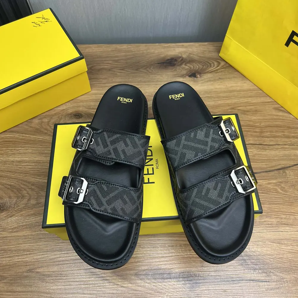 Close-up on FF jacquard fabric and logo hardware of Fendi Feel Sandals