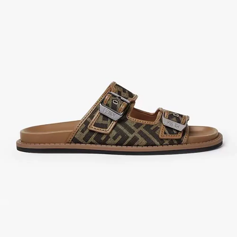 Side view of Fendi Unisex Feel Sandals FF Jacquard Fabric Sandals in brown