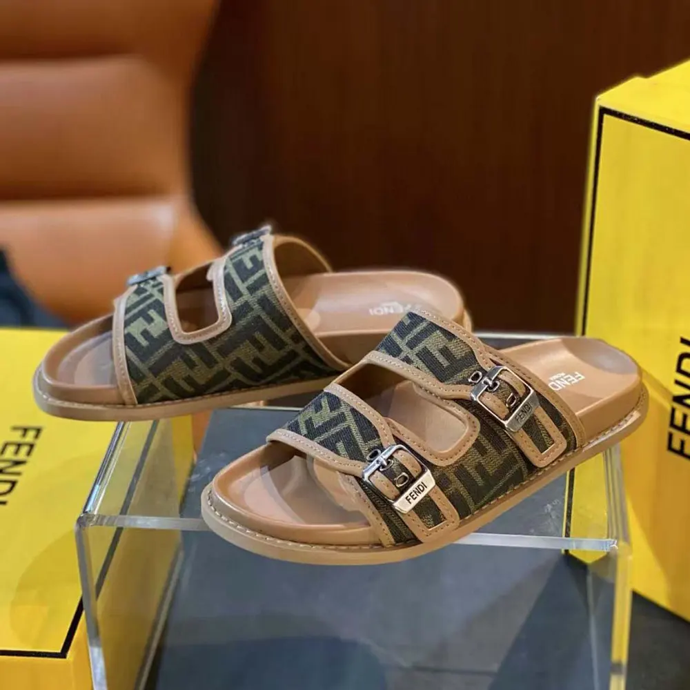 Close-up detail of FF jacquard fabric on Fendi Unisex Feel Sandals