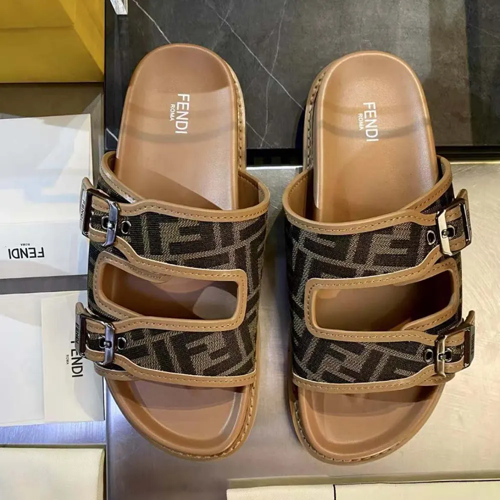 Top view showing slip-on design of Fendi Unisex Feel Sandals brown