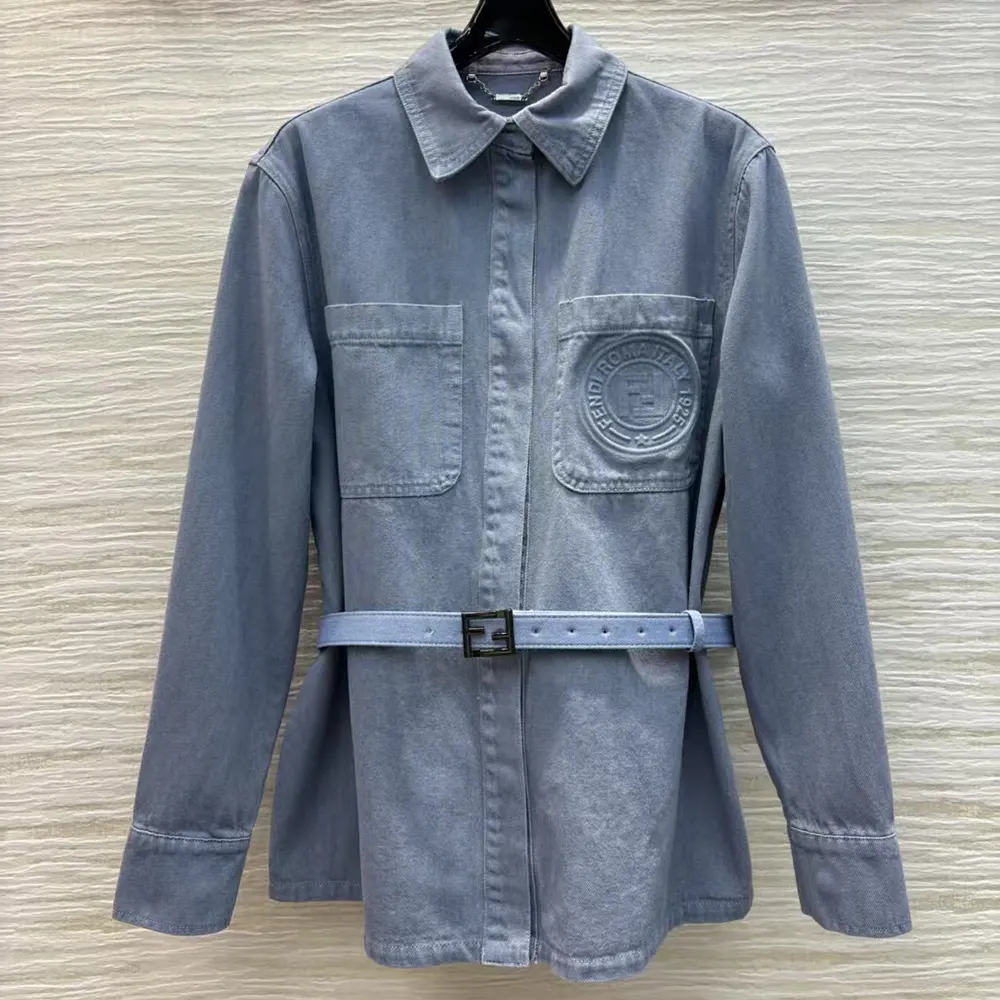 Side profile showing relaxed fit of Fendi Women Blue Denim Go-To Jacket