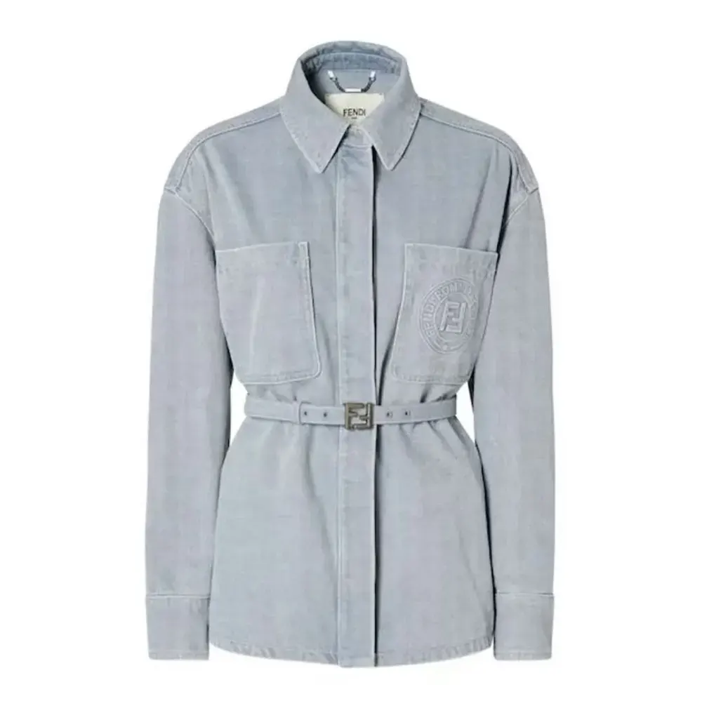 Front view of Fendi Women Blue Denim Go-To Jacket with button closure
