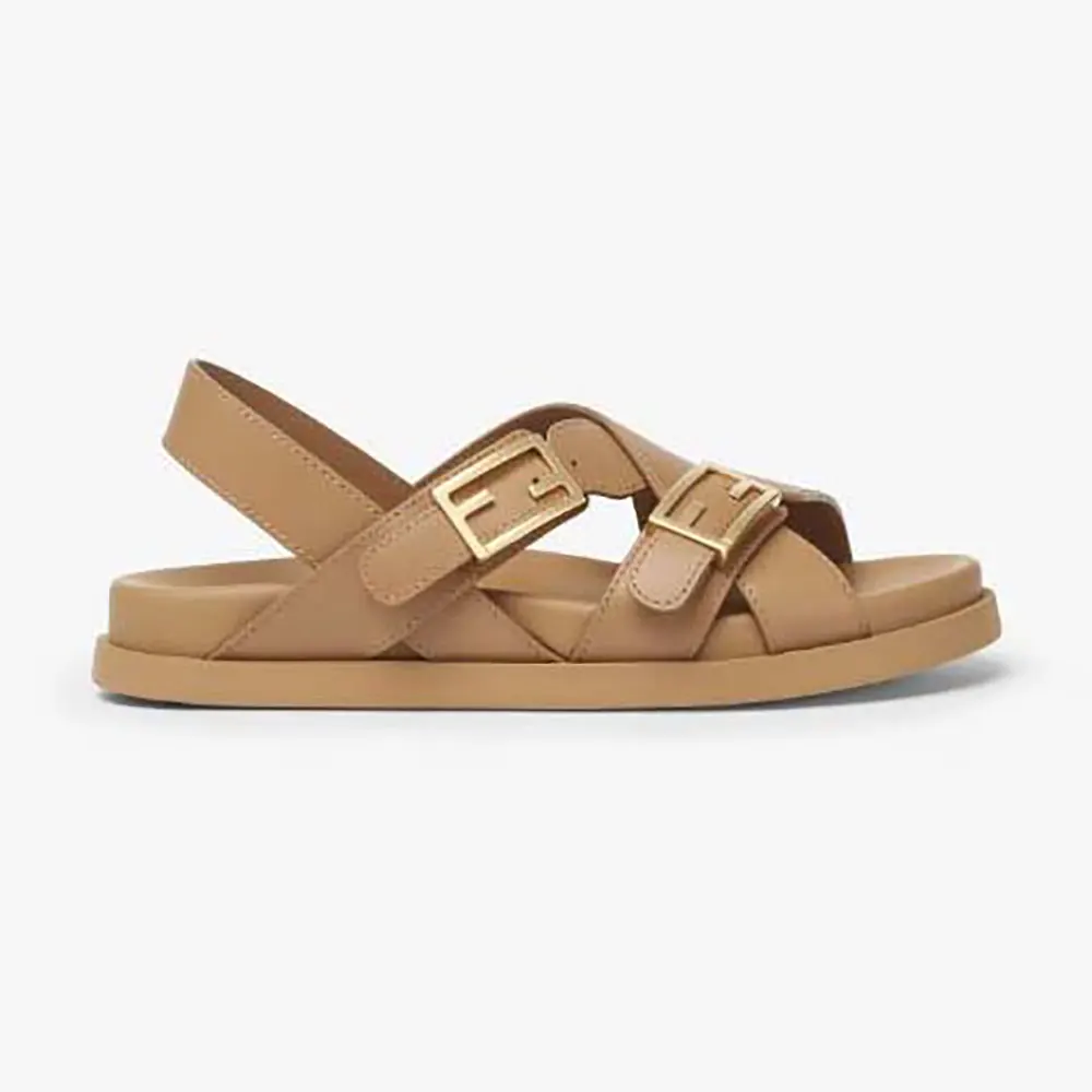 Side view of Fendi Women Feel Beige Leather Slides showing silhouette