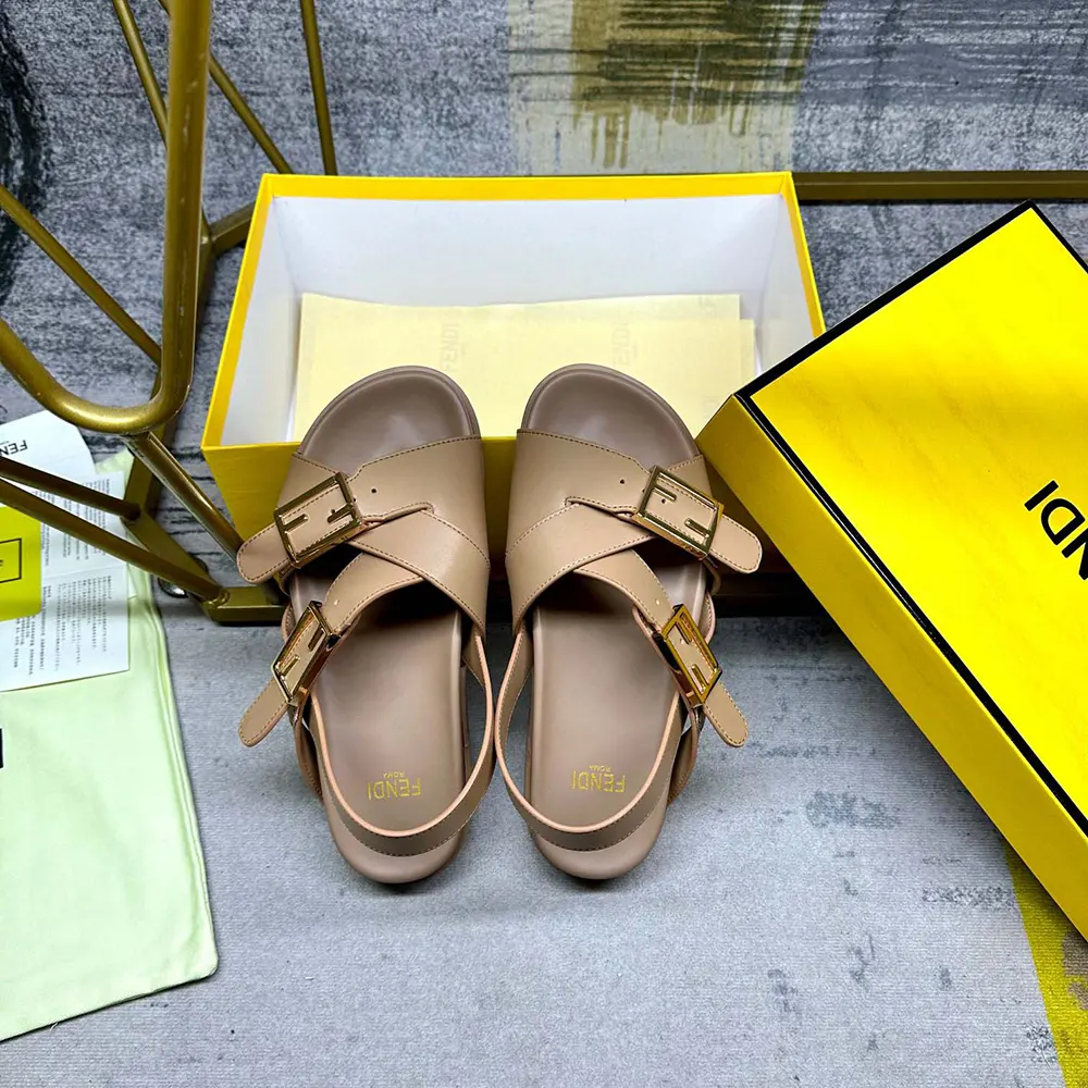 Top view of Fendi Women Feel Beige Leather Slides highlighting open-toe