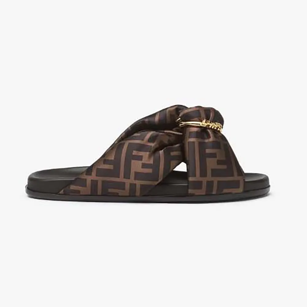 Side profile of Fendi Women Feel Brown FF Satin Slides showing satin finish