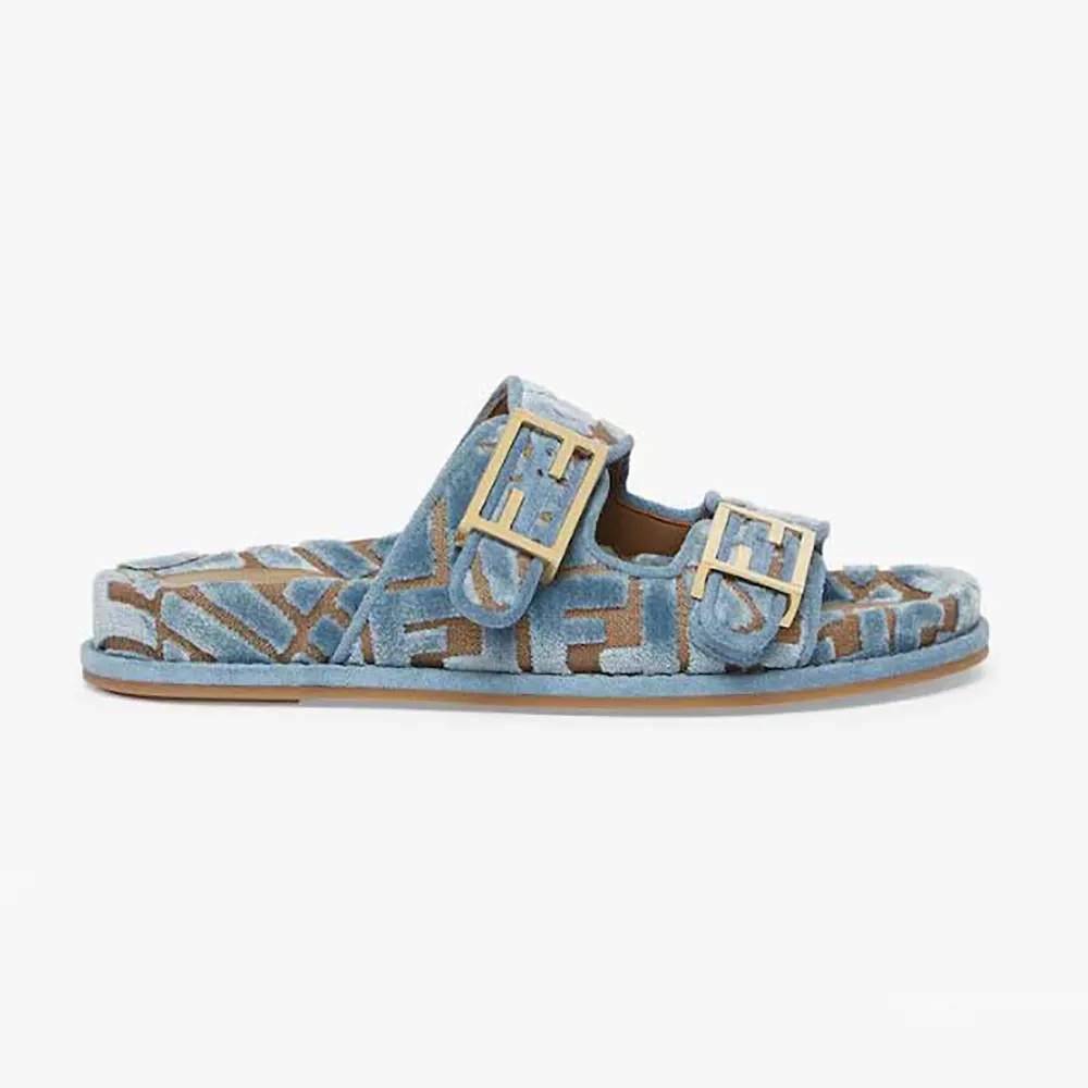 Side view of Fendi Women Feel Light Blue FF Jacquard Velvet Slides