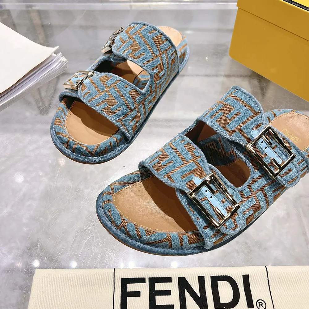 Fendi Women Feel Light Blue FF Jacquard Velvet Slides - image 9
