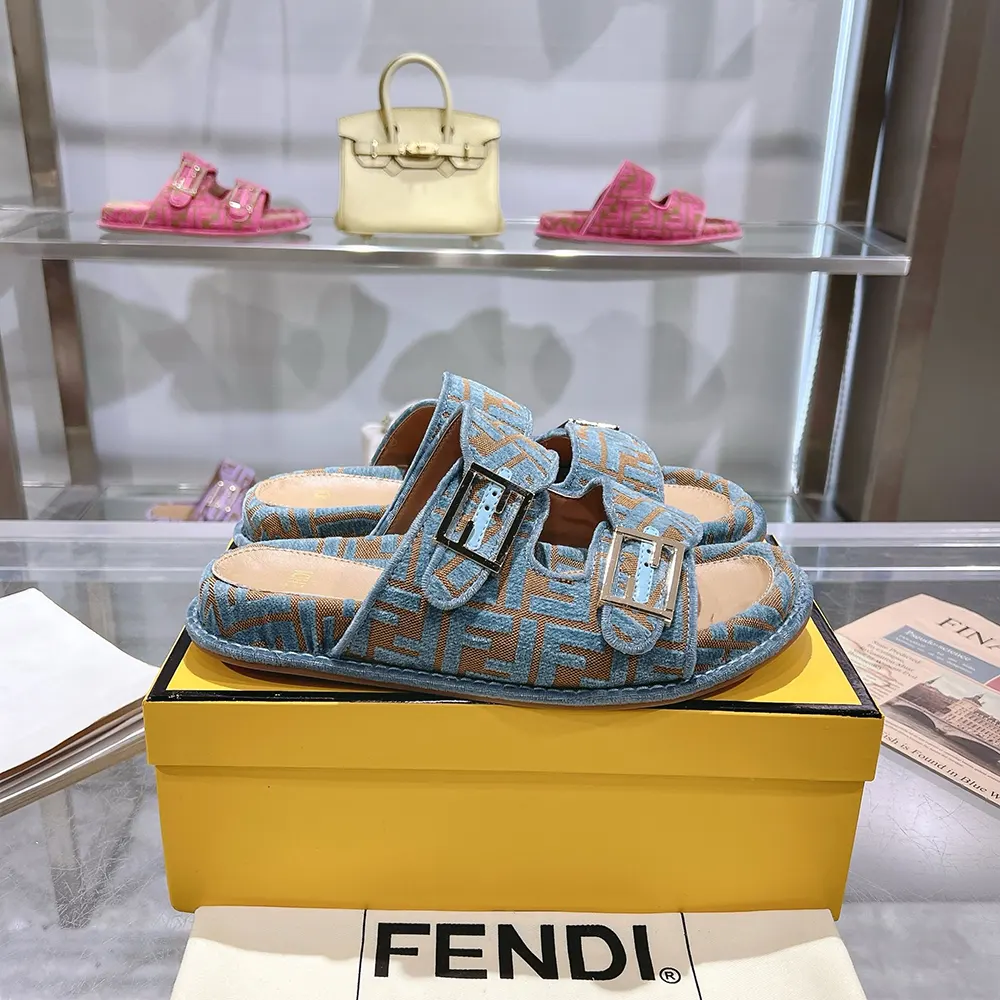 Fendi Women Feel Light Blue FF Jacquard Velvet Slides - image 5