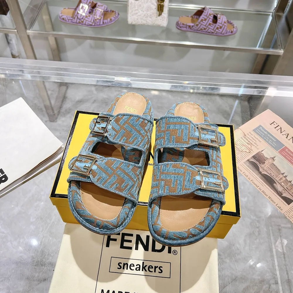 Fendi Women Feel Light Blue FF Jacquard Velvet Slides - image 4