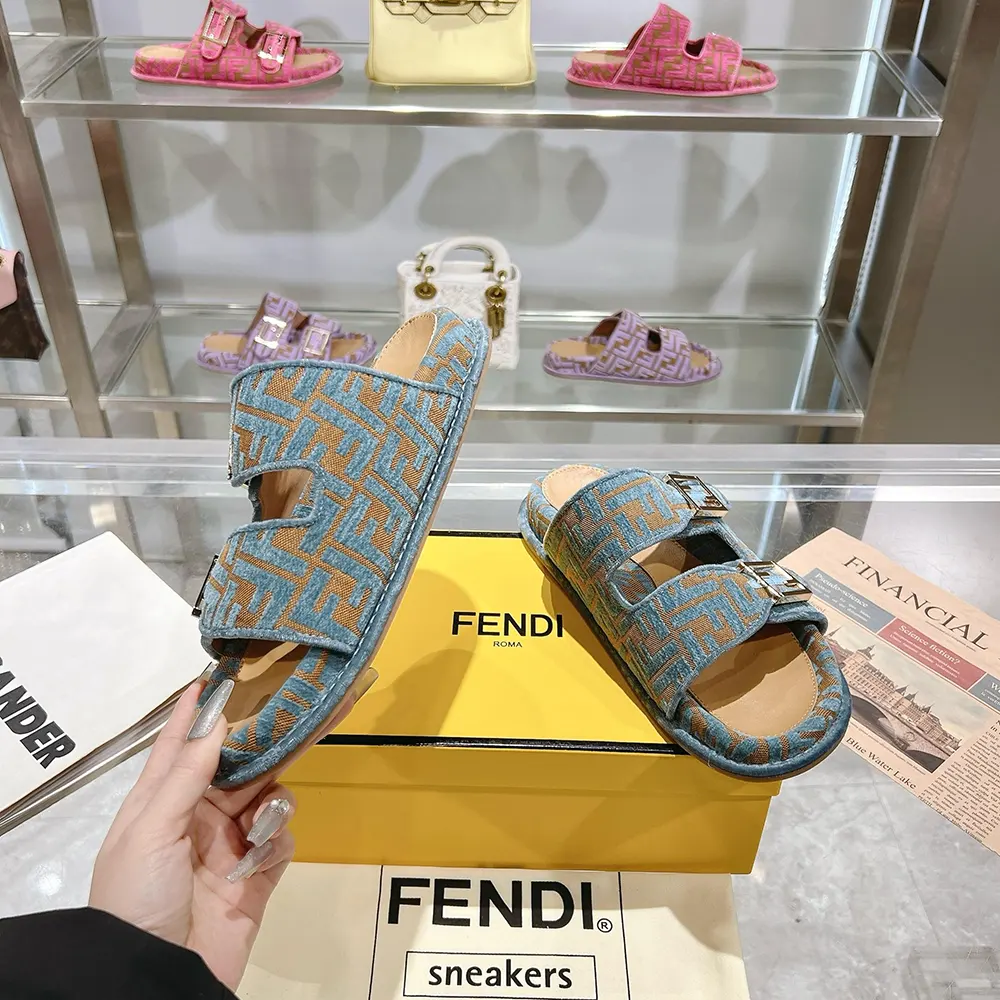 Fendi Women Feel Light Blue FF Jacquard Velvet Slides - image 8