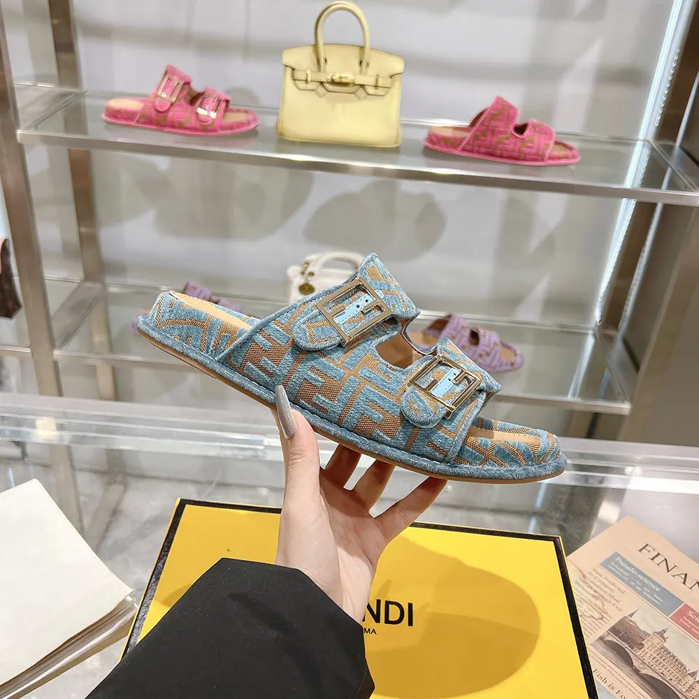 Fendi Women Feel Light Blue FF Jacquard Velvet Slides - image 6