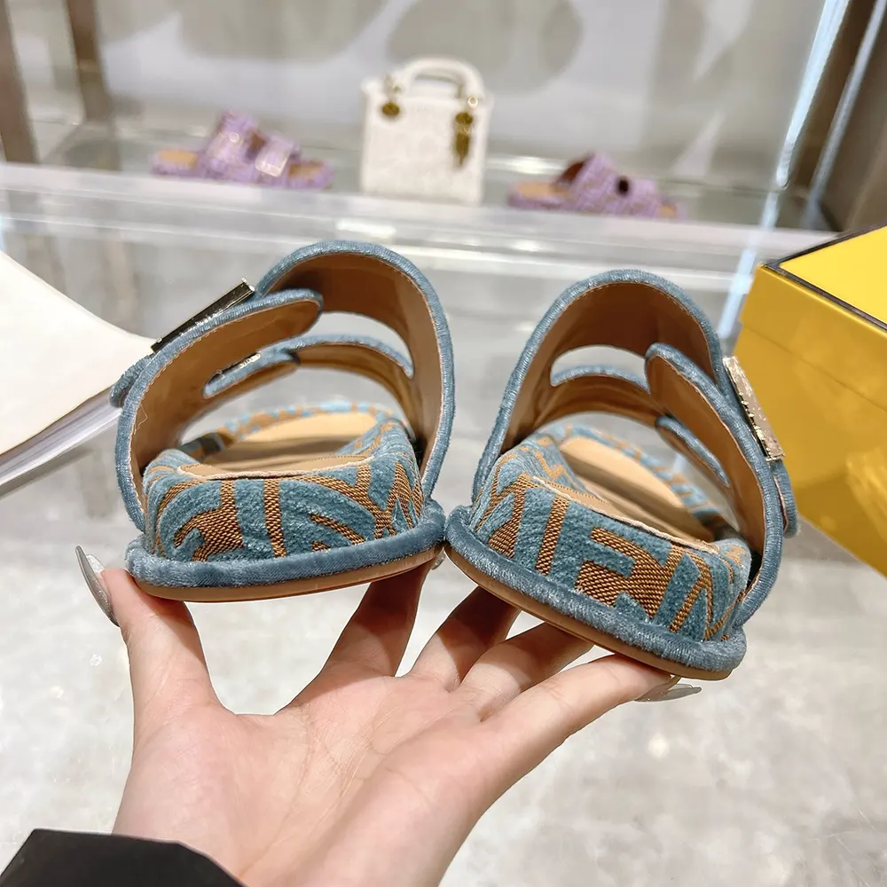 Fendi Women Feel Light Blue FF Jacquard Velvet Slides - image 7