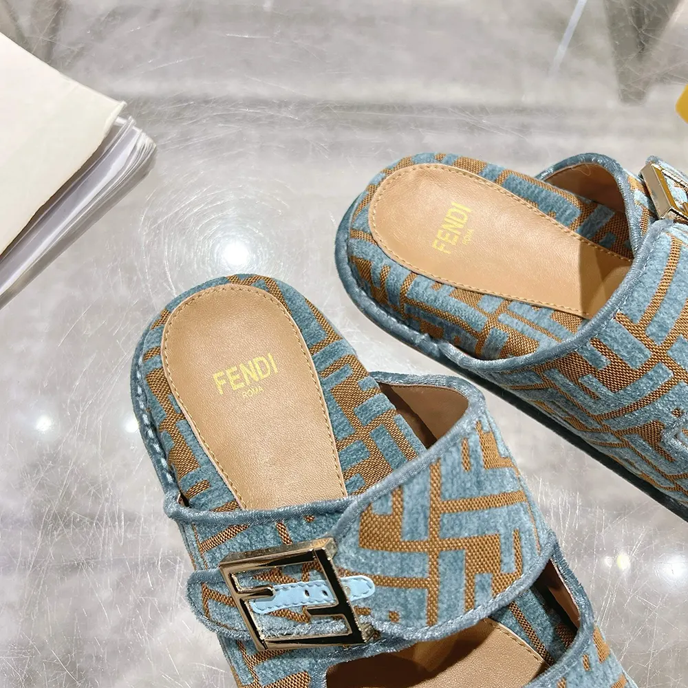 Fendi Women Feel Light Blue FF Jacquard Velvet Slides - image 10