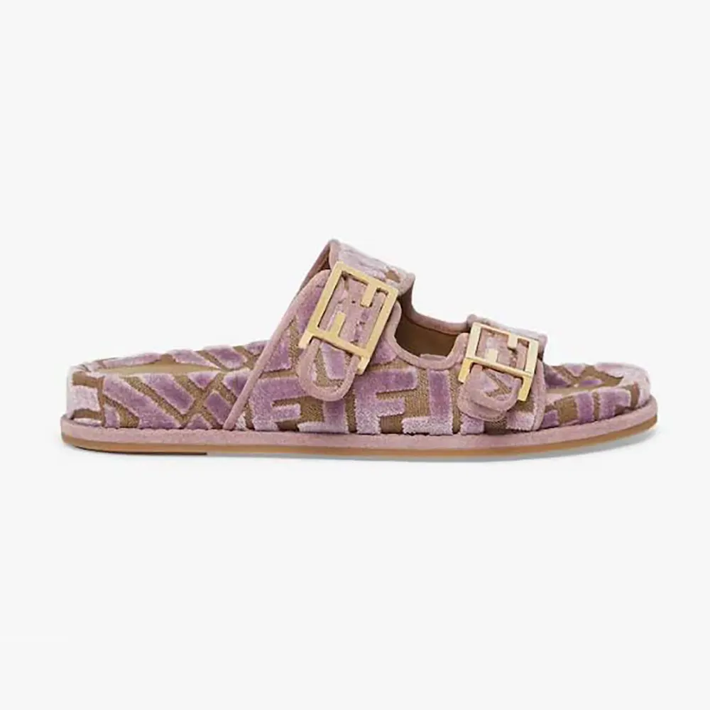 Side view of Fendi Women Feel Mauve Pink FF Jacquard Velvet Slides