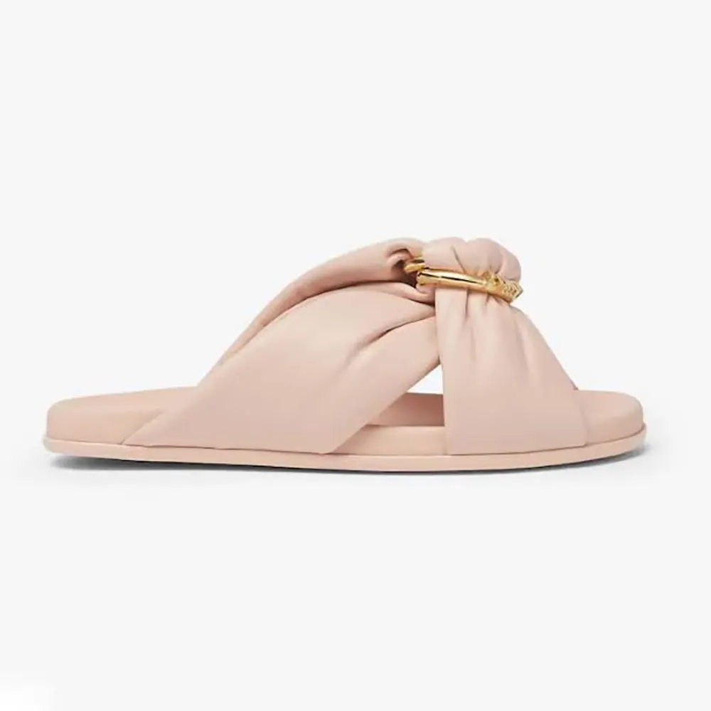 Side view of Fendi Women Feel Pink Leather Slides highlighting smooth leather