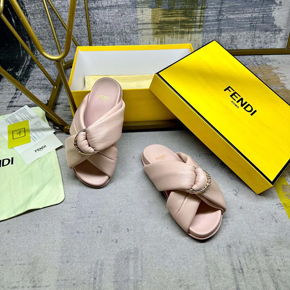 Top angle showing open toe design of Fendi Women Feel Pink Leather Slides