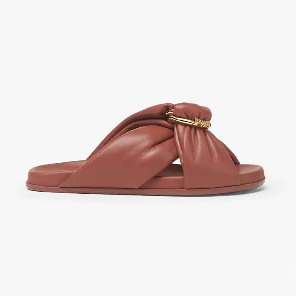 Side view of Fendi Women Feel Sienna Leather Slides in maroon leather