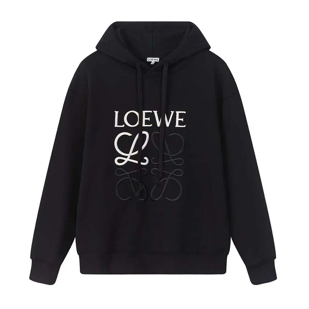 Front view of Loewe Men Anagram Regular Fit Hoodie in Cotton-Black