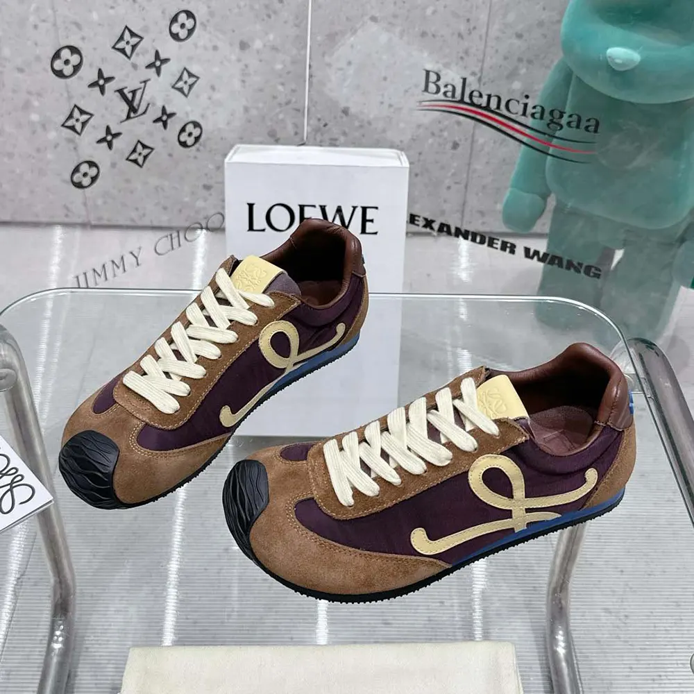 Overhead view showing lace-up closure on Loewe Ballet Runner 2.0 brown sneaker