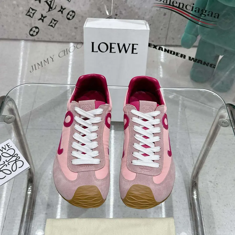 Close-up of pink calfskin and nylon texture on Loewe Ballet Runner 2.0