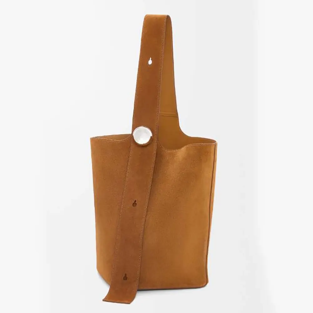 Front view of Loewe Unisex Large Pebble Bucket Bag in Suede Calfskin brown