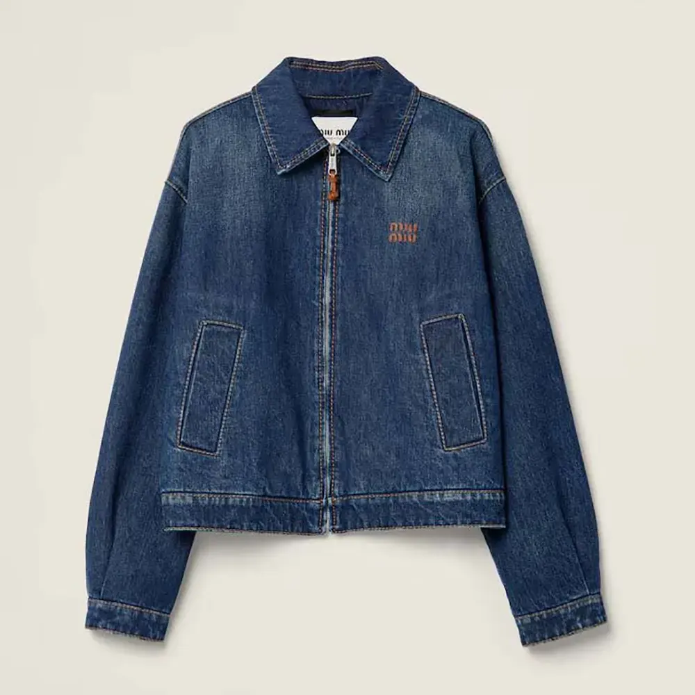 Front view of Miu Miu Women Denim Trucker Jacket in navy denim