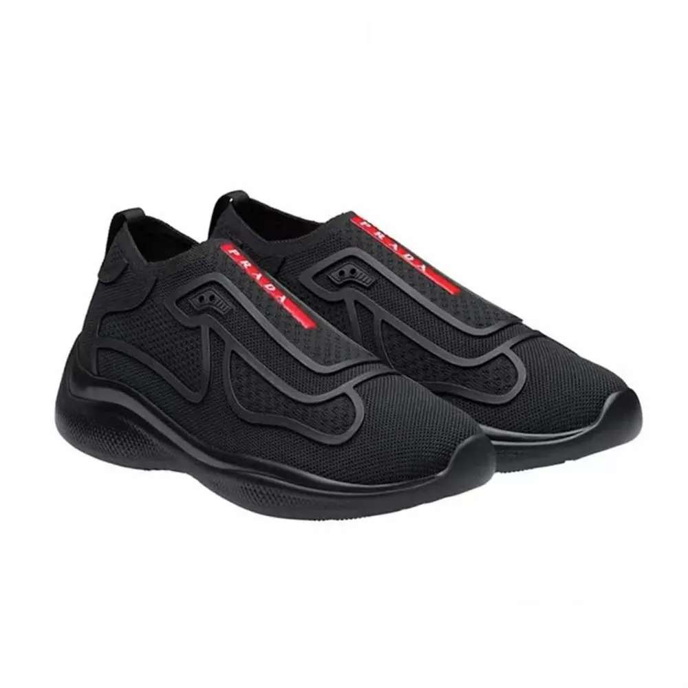 Side profile of Prada Men Americas Cup Knit Slip-On-Black showing silhouette
