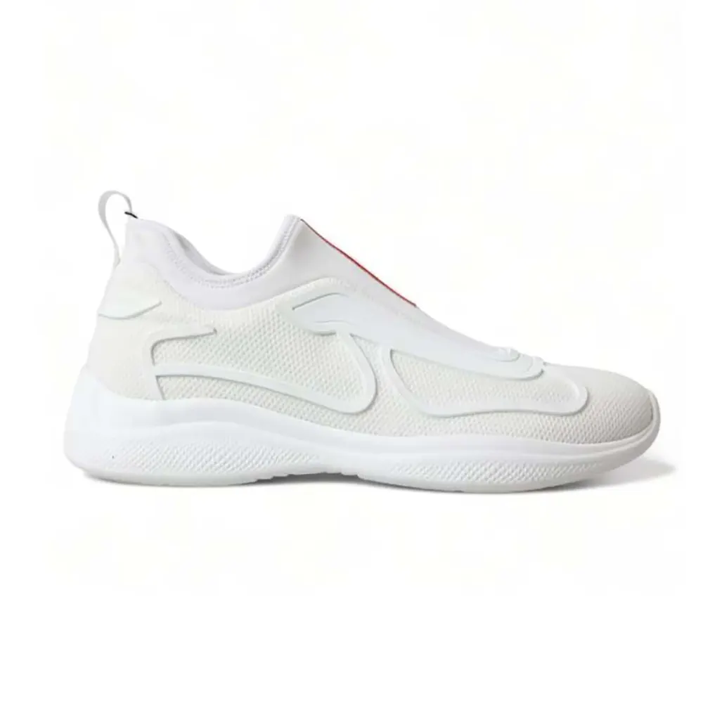 Side view of Prada Men Americas Cup Knit Slip-On-White showing sleek silhouette