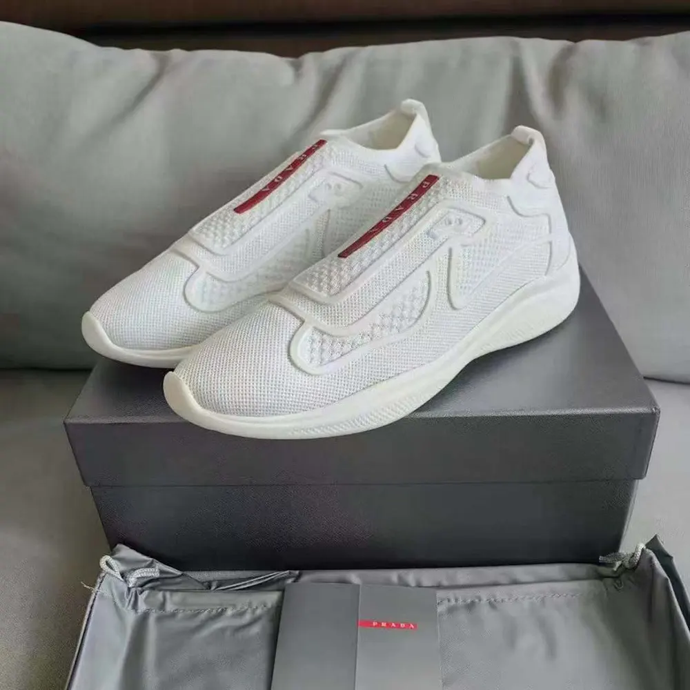 Top view highlighting white color and Prada logo on Americas Cup Knit Slip-On
