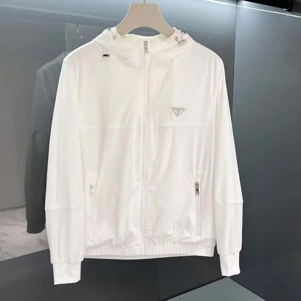 Front view of Prada Men Logo Plaque Hooded Windbreaker-White with hood up