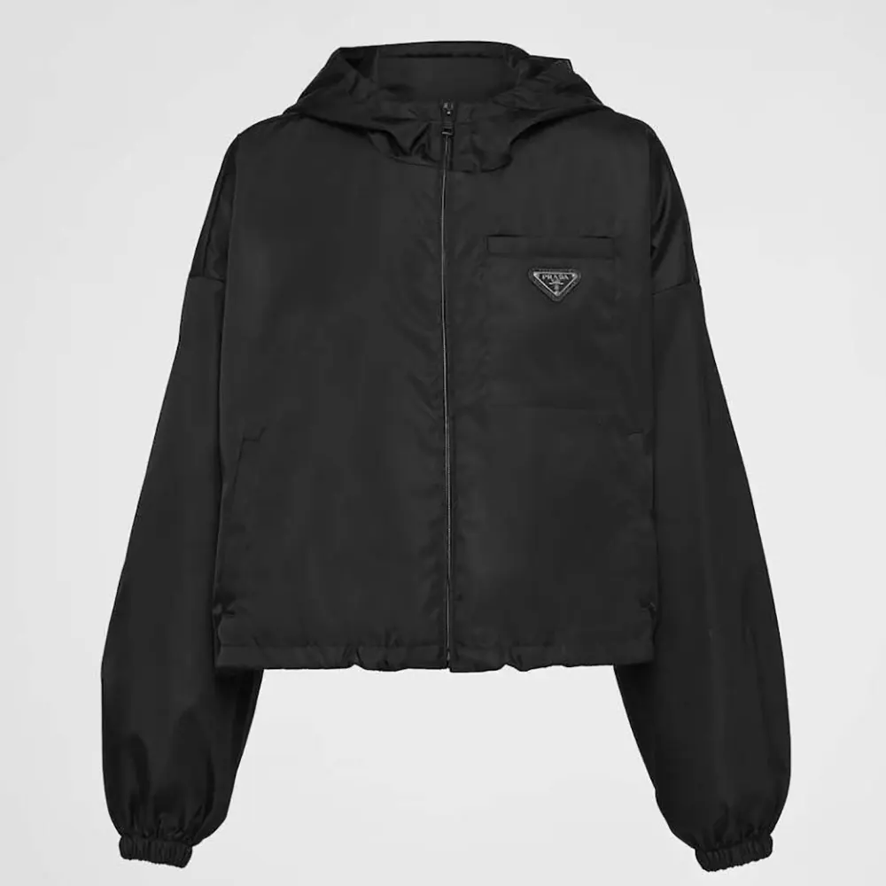 Front view of Prada Women Re-Nylon Cropped Jacket-Black with zipped closure