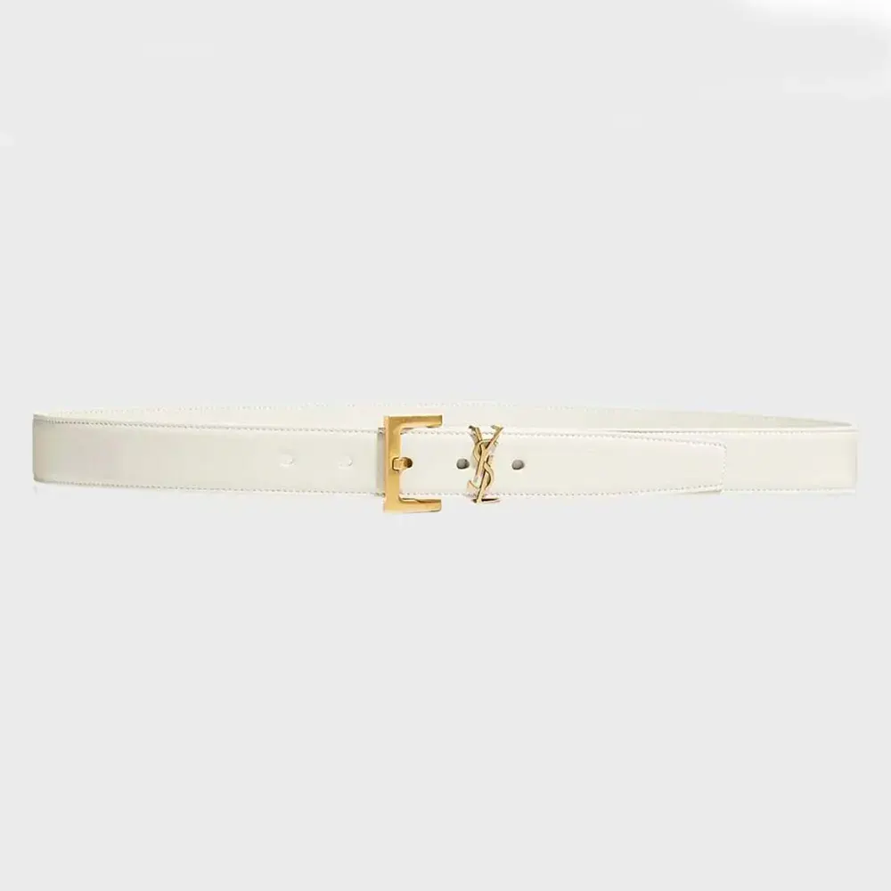 Front view of Saint Laurent YSL Women Cassandre Thin Belt white lacquered leather