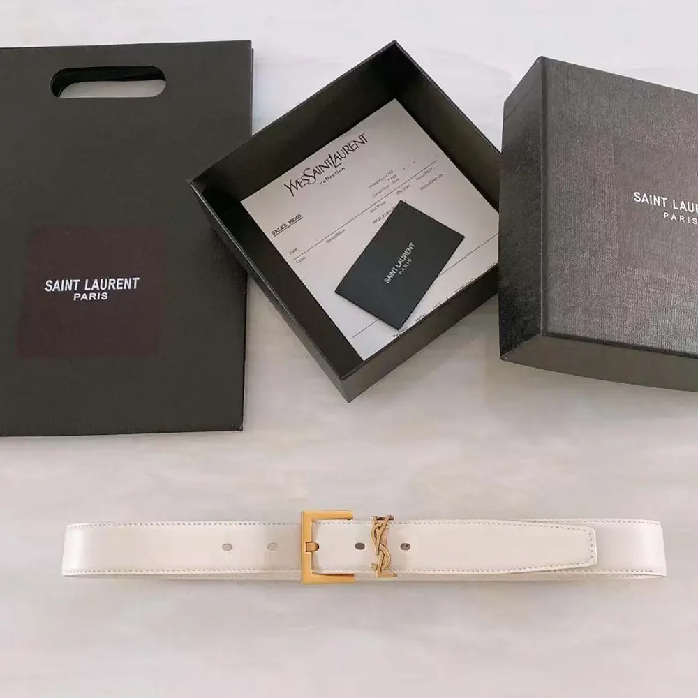 Close-up of polished square buckle on Saint Laurent YSL Women Cassandre Thin Belt