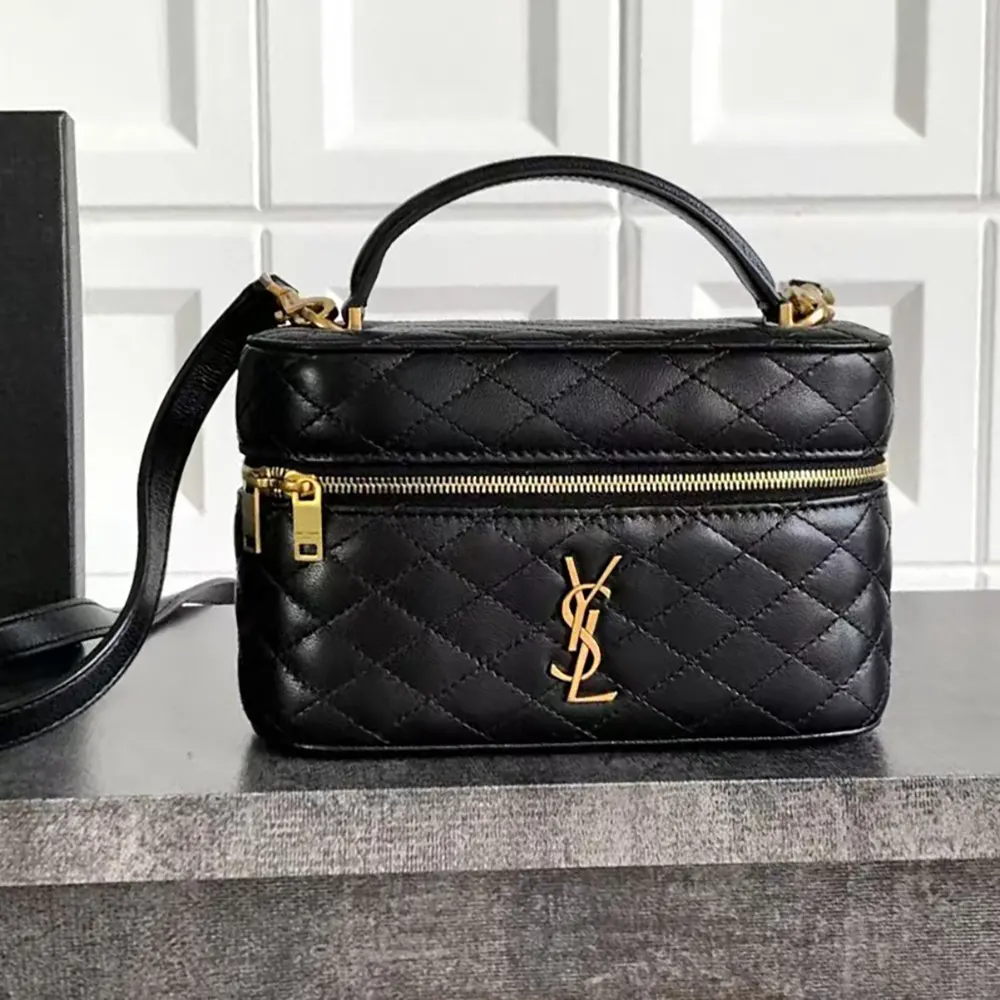Close-up of gold-tone YSL logo hardware on Gaby Vanity Bag