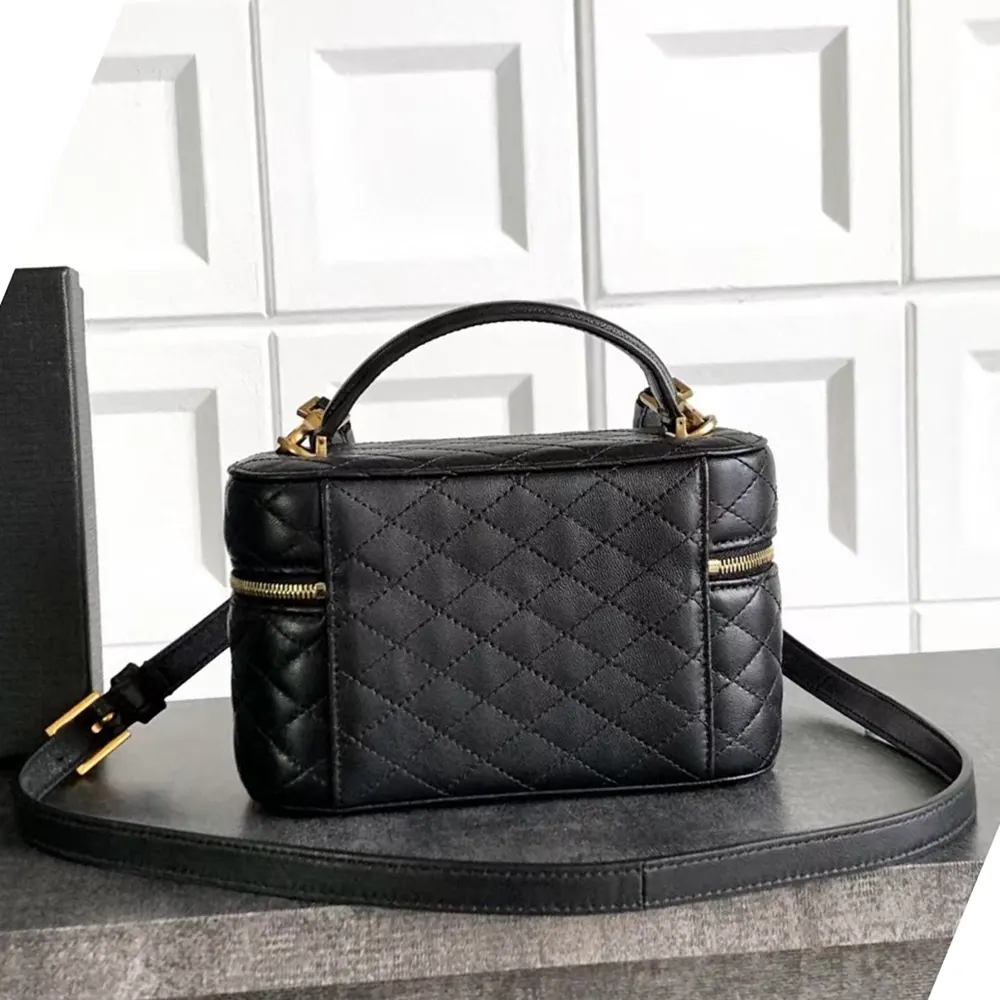 Side angle showing structured silhouette of Saint Laurent YSL Gaby Vanity Bag