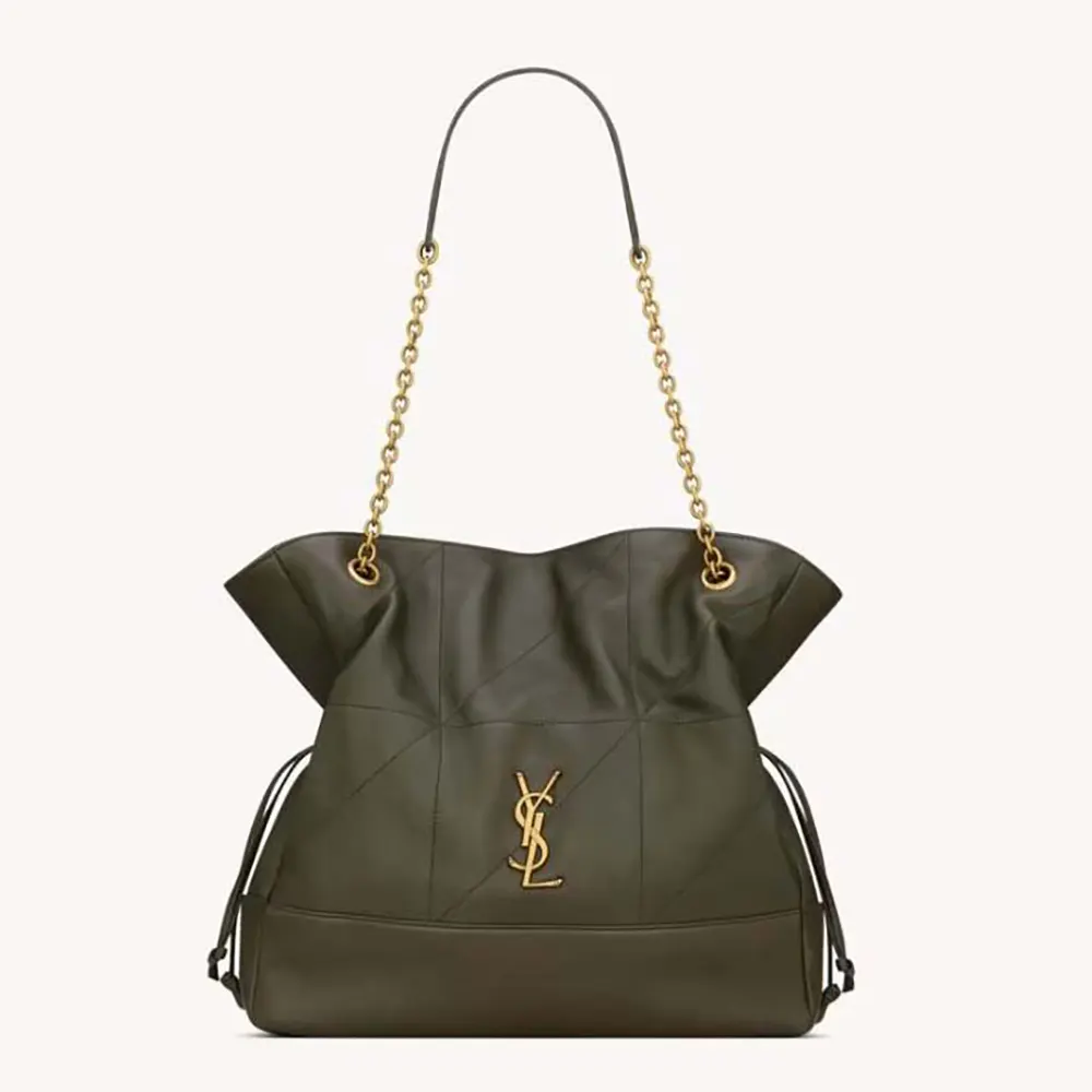 Front view of Saint Laurent YSL Women Jamie Shopping in dark green lambskin