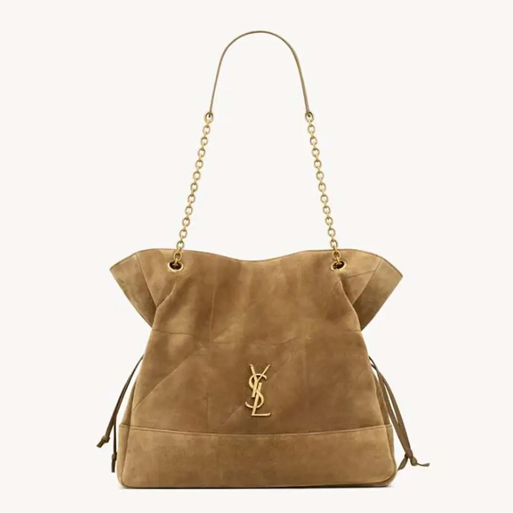 Front view of Saint Laurent YSL Women Jamie Shopping in Suede-Brown