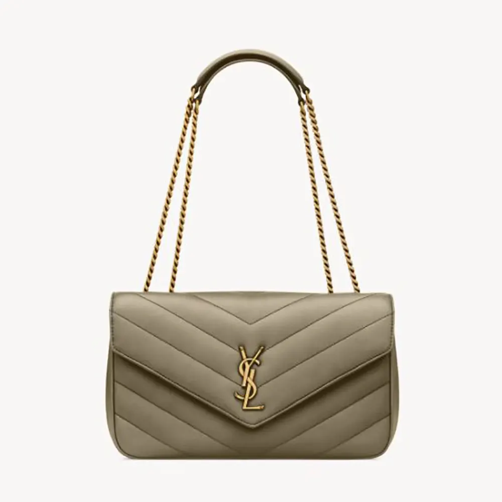 Close-up of gold YSL logo on Loulou Medium lambskin bag
