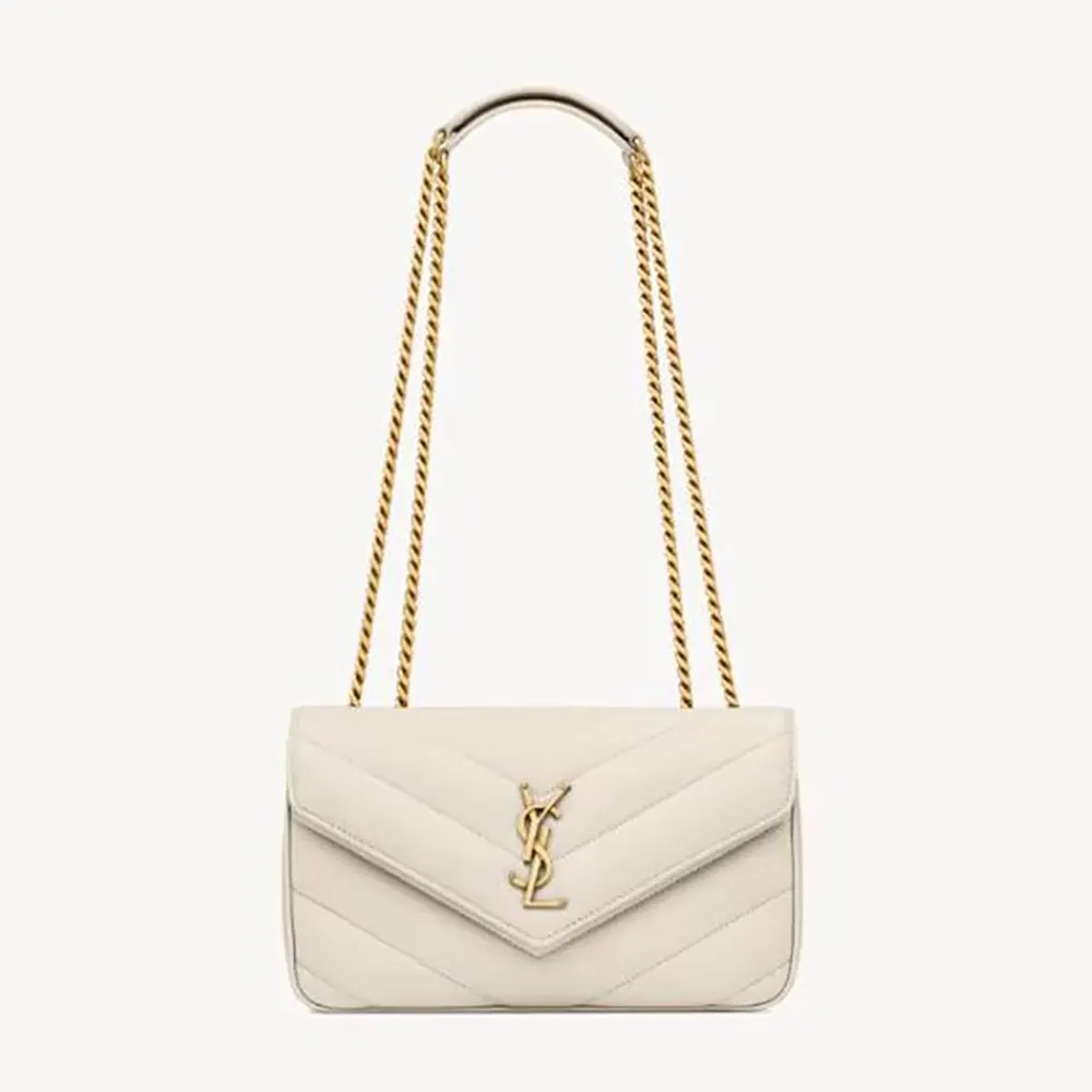 Front angle of Saint Laurent YSL Women Loulou Small in dark green lambskin