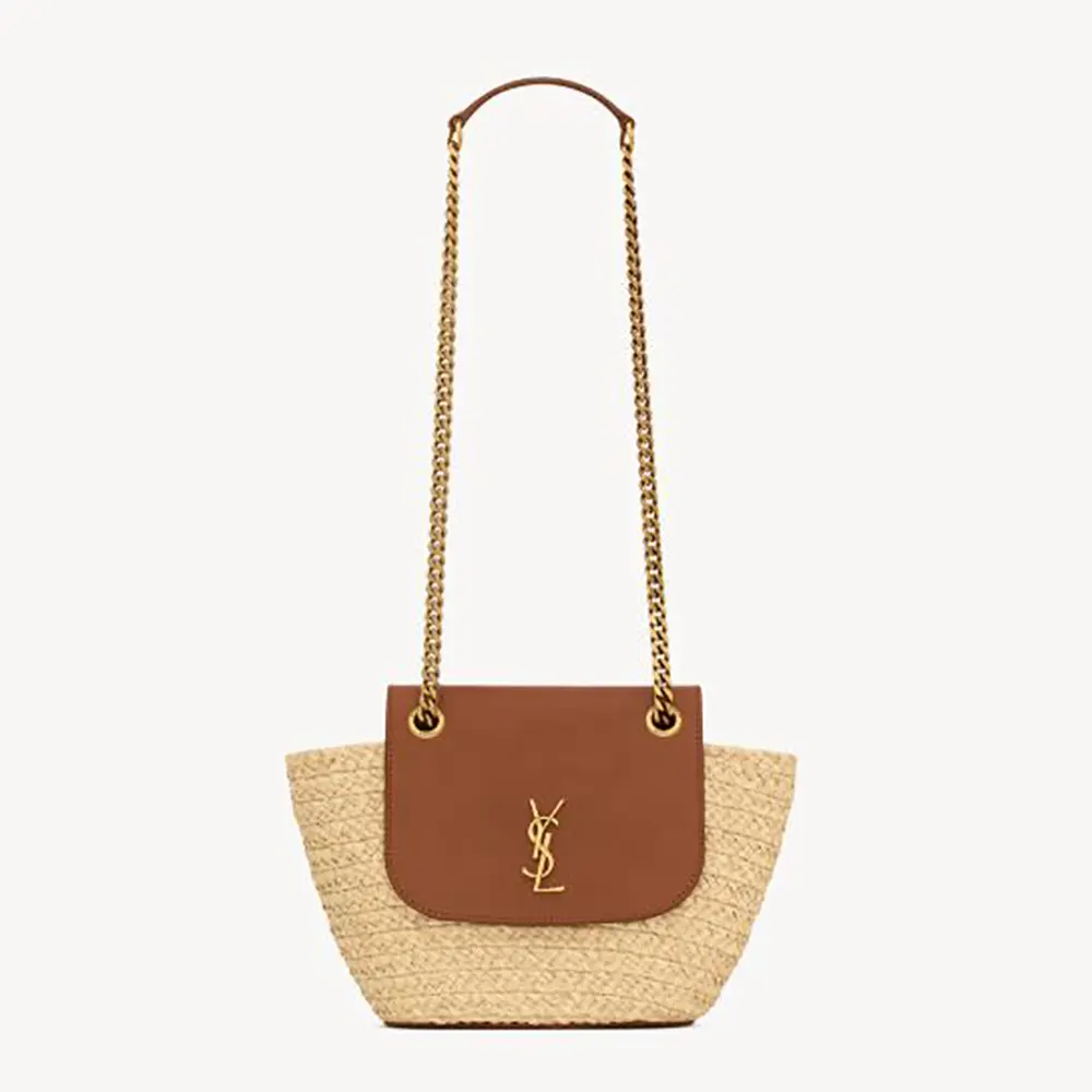 Front view of Saint Laurent YSL Women Mini Manon in Raffia bag