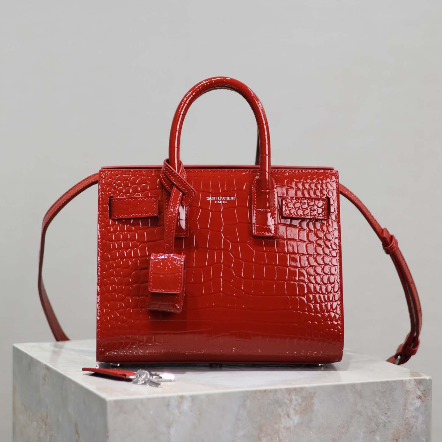Front view of Saint Laurent YSL Women Sac De Jour in Crocodile Embossed Leather Nano-Red