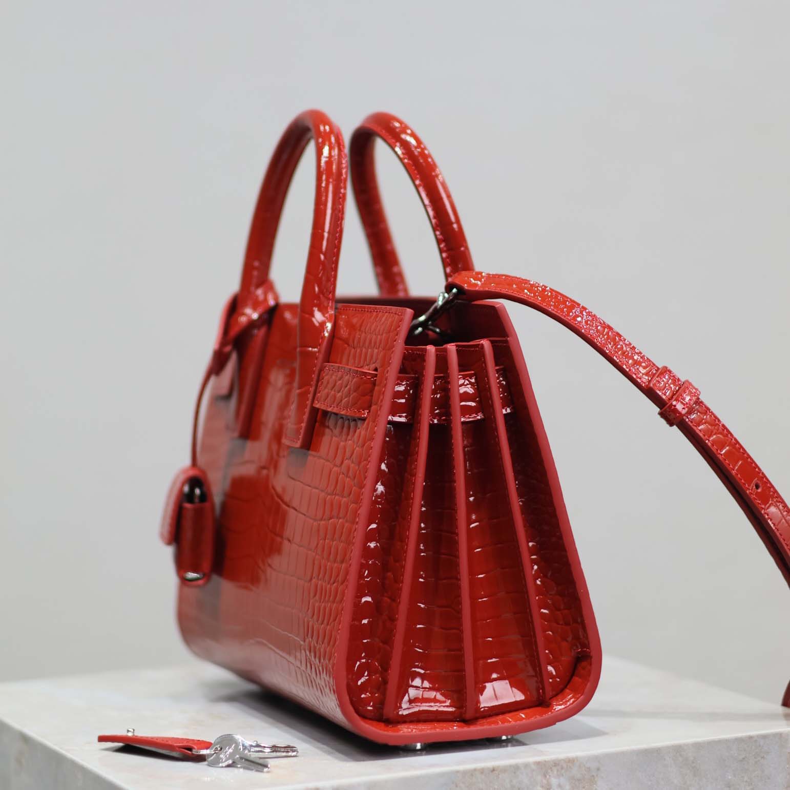 Saint Laurent YSL Women Sac De Jour in Crocodile Embossed Leather Nano-Red - image 5
