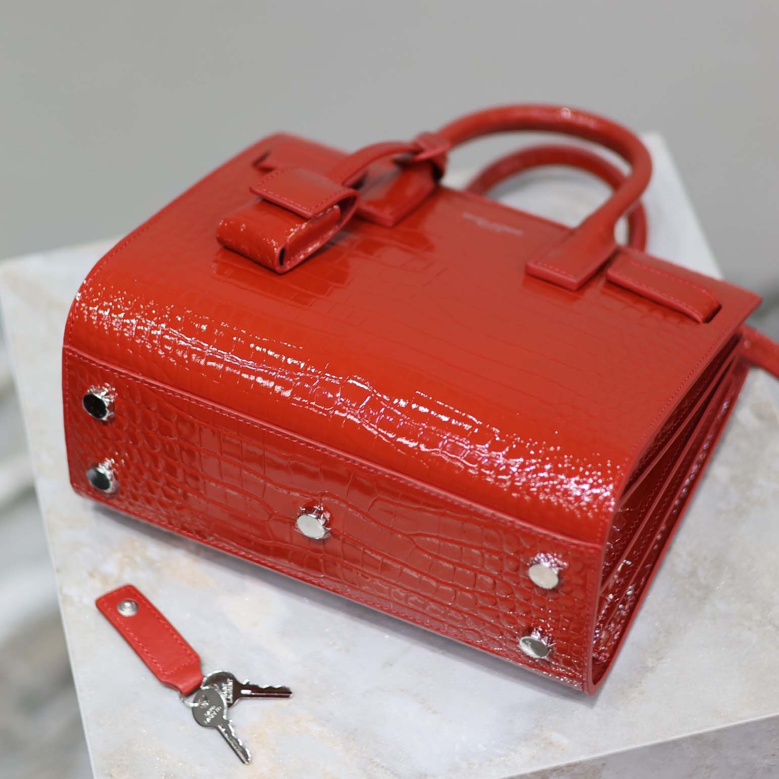 Saint Laurent YSL Women Sac De Jour in Crocodile Embossed Leather Nano-Red - image 7