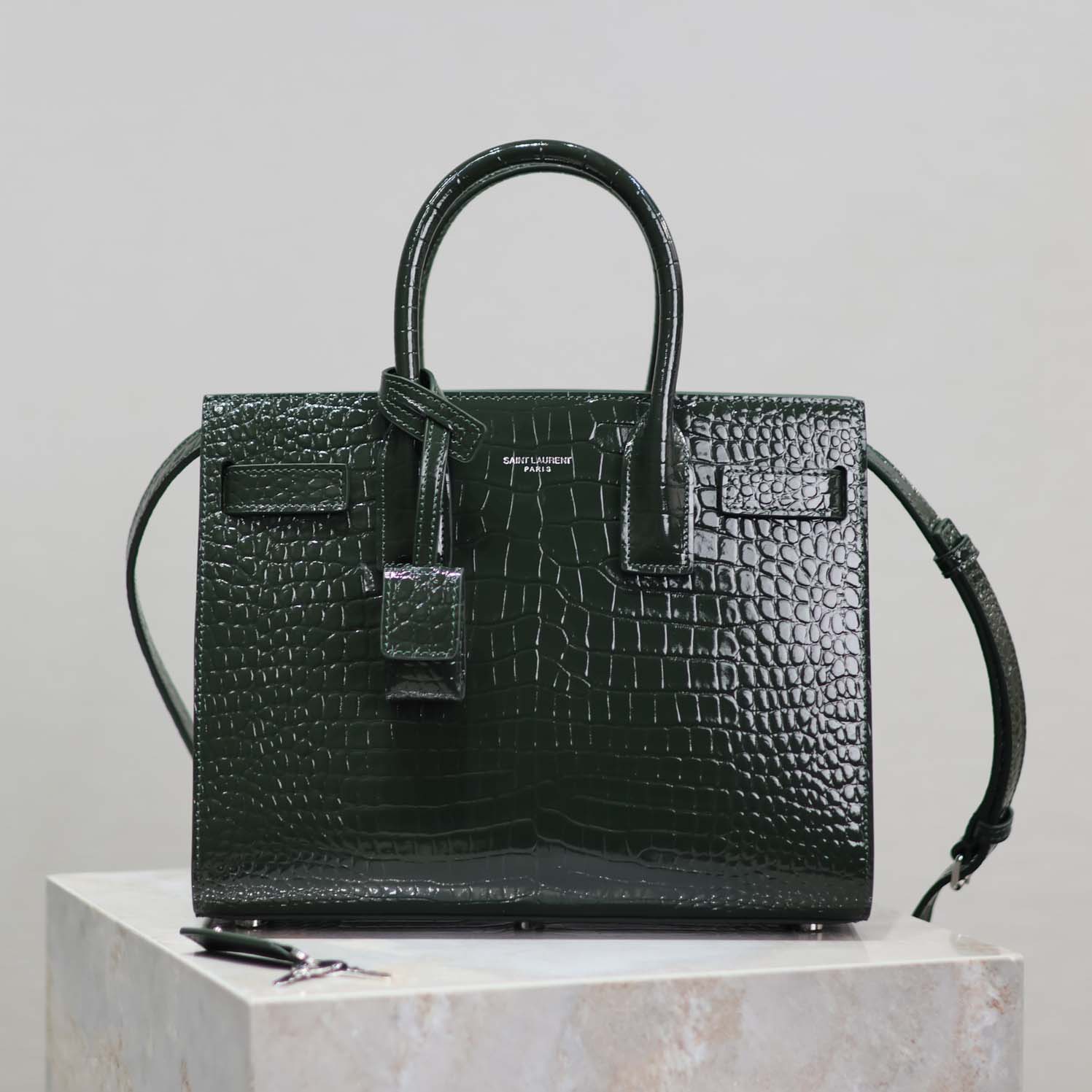 Front view of Saint Laurent YSL Women Sac De Jour embossed crocodile leather dark green