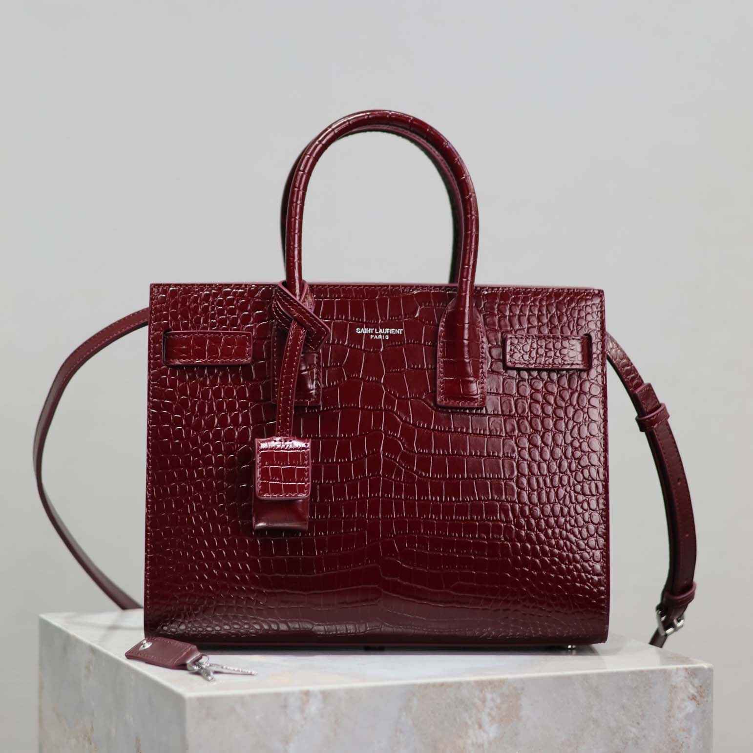 Front view of Saint Laurent YSL Women Sac De Jour embossed crocodile bag