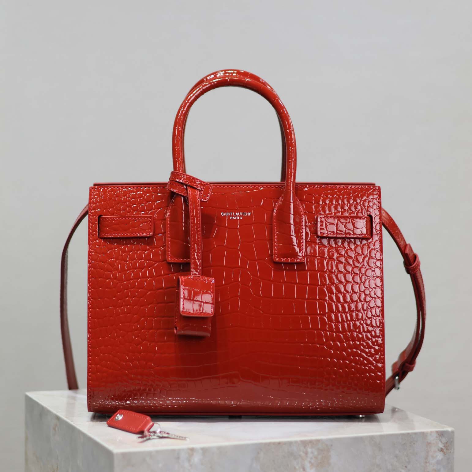 Front angle of Saint Laurent YSL Women Sac De Jour embossed crocodile leather bag