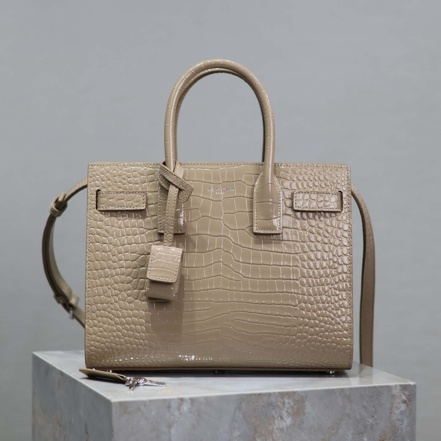 Front view of Saint Laurent YSL Women Sac De Jour in Embossed Crocodile Leather Baby-Sandy
