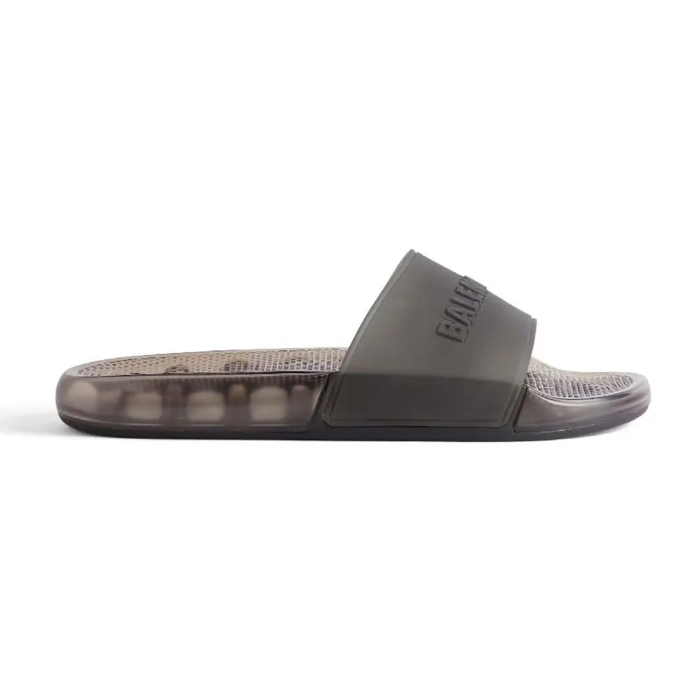 Side profile of Balenciaga Unisex Pool Transparent Slide Sandal in black rubber