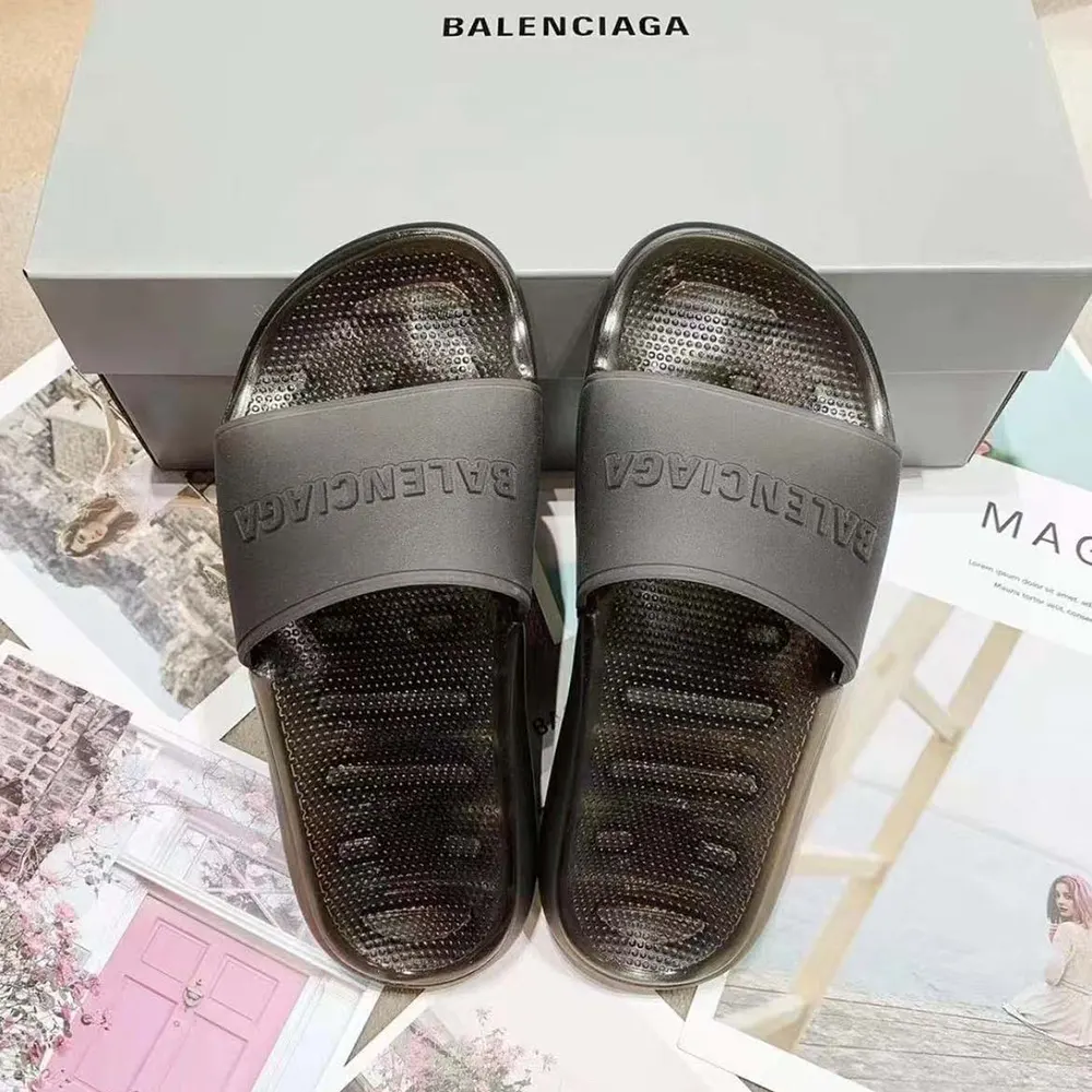 Close-up of translucent upper detail on Balenciaga Unisex Pool Transparent Slide Sandal
