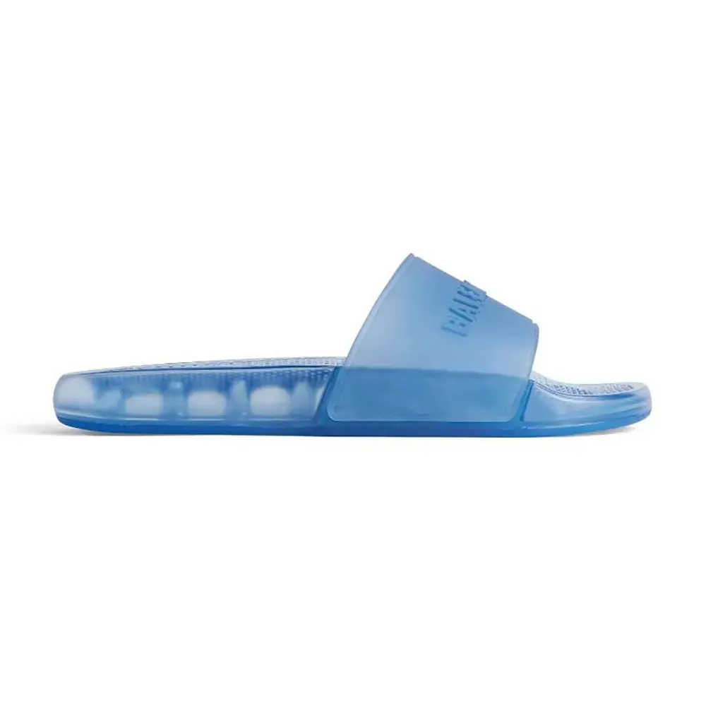 Side profile of Balenciaga Unisex Pool Transparent Slide Sandal in blue rubber